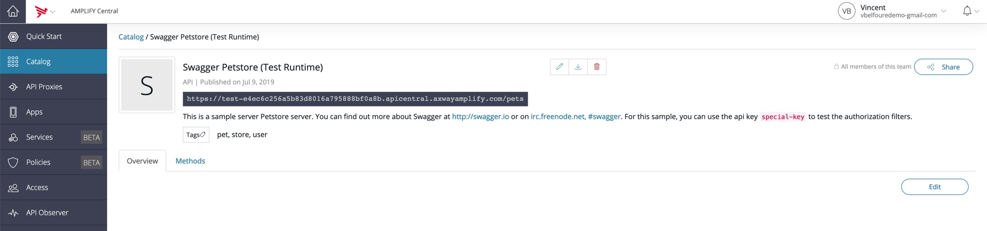 API Published in AMPLIFY Catalog