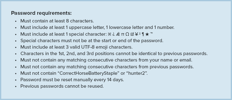 Example of crazy password requirements.